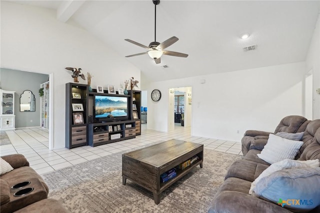 living room featuring beam ceiling, light tile patterned flooring, ceiling fan, and high vaulted ceiling