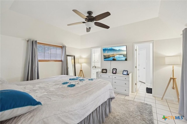 bedroom with light tile patterned floors and ceiling fan