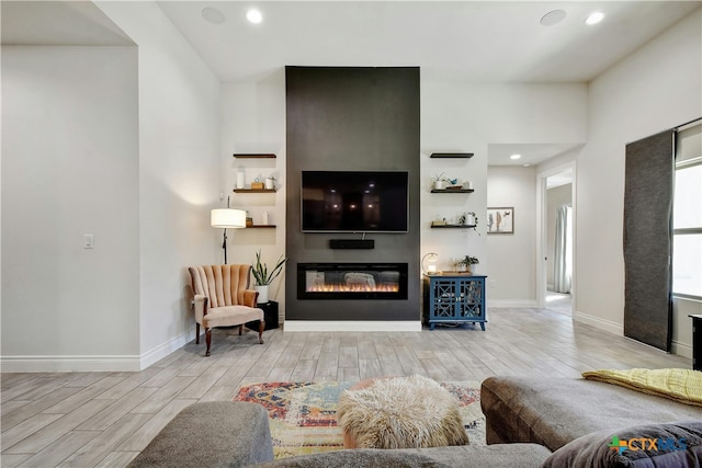 living room with a fireplace and light wood-type flooring