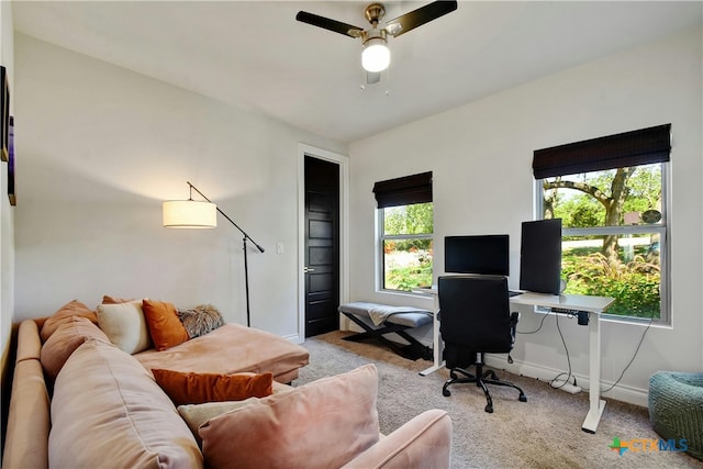 carpeted office space with a healthy amount of sunlight and ceiling fan