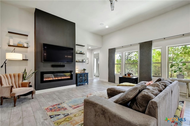 living room with a fireplace and light hardwood / wood-style floors