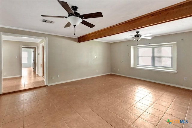 3106 Bobolink St, Victoria, TX 77901 - empty room featuring light tile patterned floors, ceiling fan, beam ceiling, and crown molding