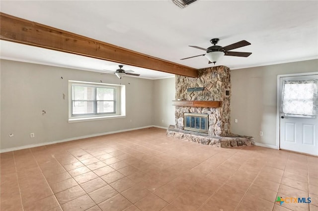 3106 Bobolink St, Victoria, TX 77901 - unfurnished living room with light tile patterned flooring, ceiling fan, crown molding, a fireplace, and beam ceiling