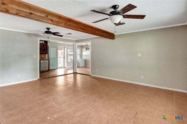 3106 Bobolink St, Victoria, TX 77901 - unfurnished room with a ceiling fan, beamed ceiling, crown molding, and light tile patterned floors