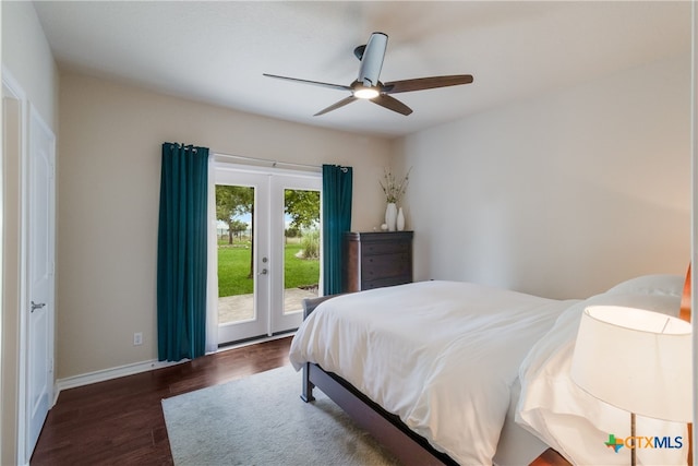 1280 Mystic Pkwy, Spring Branch, TX 78070 - bedroom featuring access to exterior, wood finished floors, a ceiling fan, and french doors