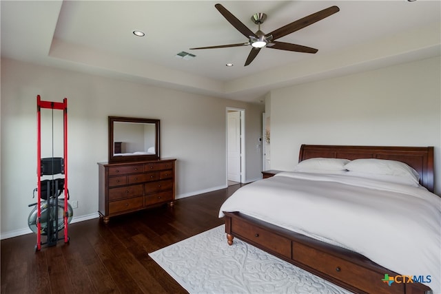 1280 Mystic Pkwy, Spring Branch, TX 78070 - bedroom featuring wood finished floors, a tray ceiling, recessed lighting, and ceiling fan