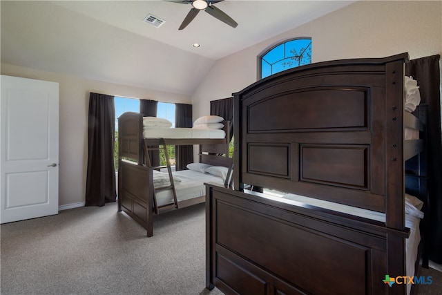 1280 Mystic Pkwy, Spring Branch, TX 78070 - bedroom with multiple windows, vaulted ceiling, light carpet, and ceiling fan