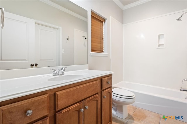 full bathroom with toilet,  shower combination, tile patterned flooring, ornamental molding, and vanity