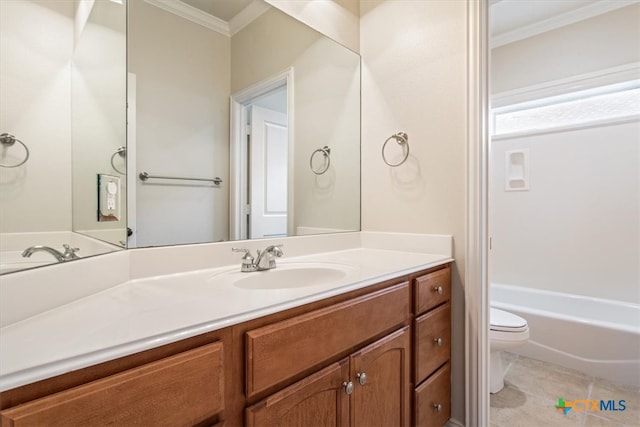 bathroom with ornamental molding, tile patterned flooring, vanity, and toilet