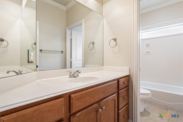 5909 Turtle Creek Trl, Temple, TX 76502 - bathroom featuring crown molding, toilet, vanity, tile patterned floors, and a bath