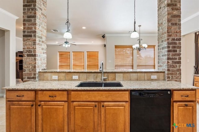 5909 Turtle Creek Trl, Temple, TX 76502 - kitchen with black dishwasher, a sink, crown molding, light stone countertops, and brown cabinets