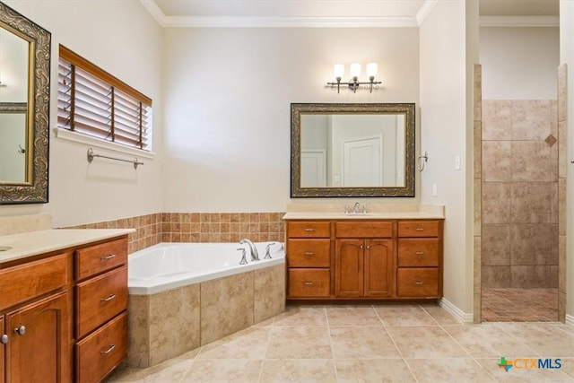 5909 Turtle Creek Trl, Temple, TX 76502 - bathroom with a bath, tile patterned flooring, ornamental molding, a tile shower, and two vanities