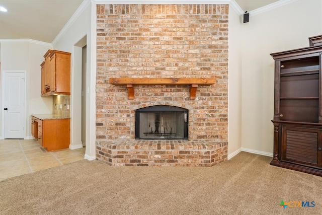 unfurnished living room featuring a fireplace, light colored carpet, and crown molding