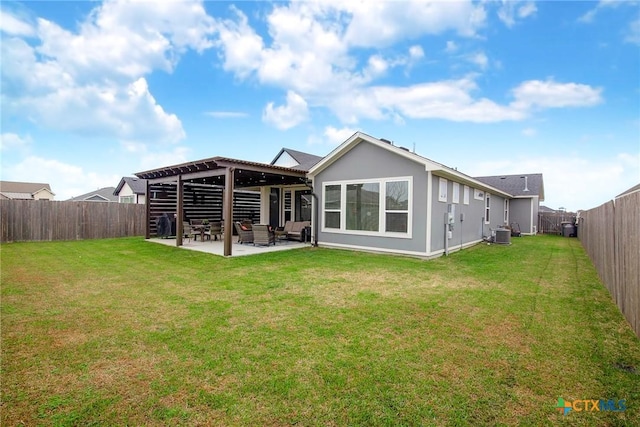 rear view of property featuring central air condition unit, a fenced backyard, a patio, and a yard