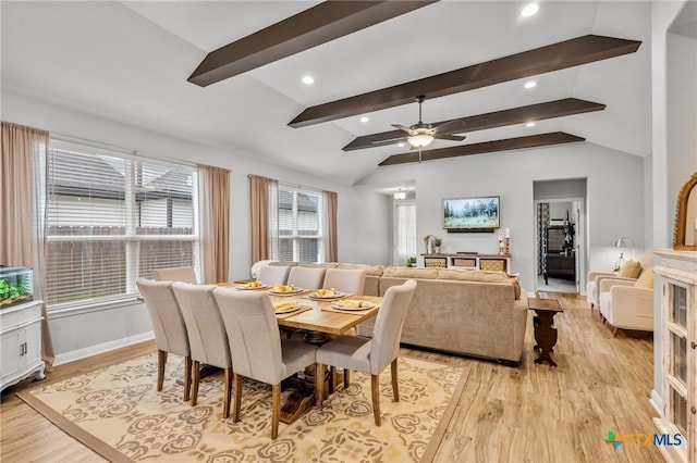 dining area featuring light wood finished floors, recessed lighting, lofted ceiling with beams, ceiling fan, and baseboards