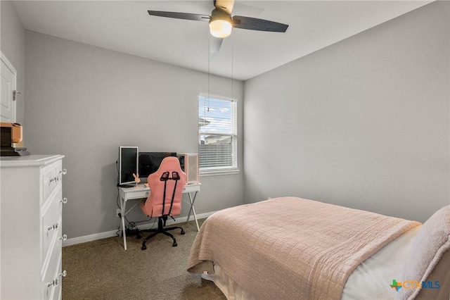 bedroom featuring a ceiling fan, carpet, and baseboards