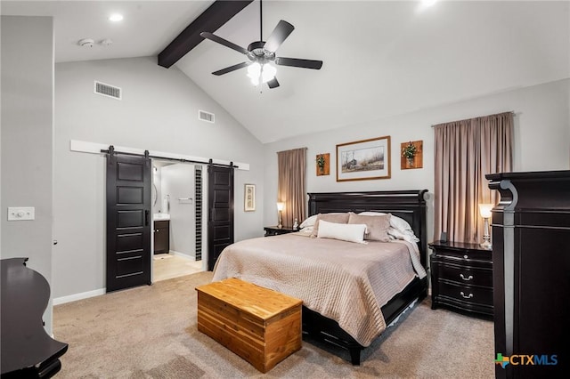 bedroom with light colored carpet, beam ceiling, visible vents, and a barn door