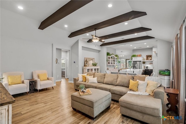 living room with recessed lighting, ceiling fan, lofted ceiling with beams, and light wood finished floors