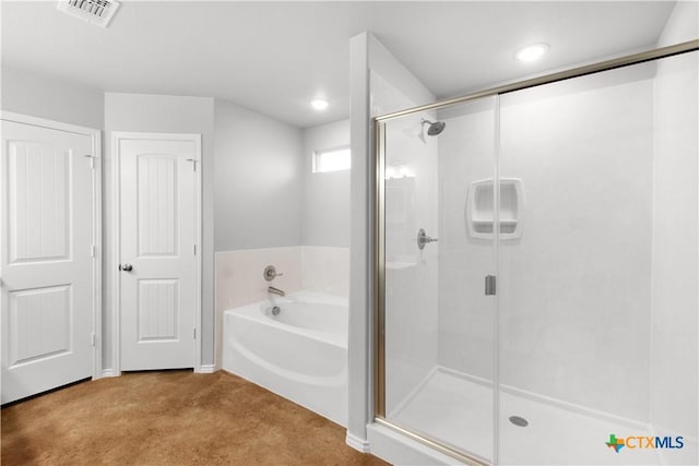full bath featuring a shower stall, carpet, visible vents, and a garden tub