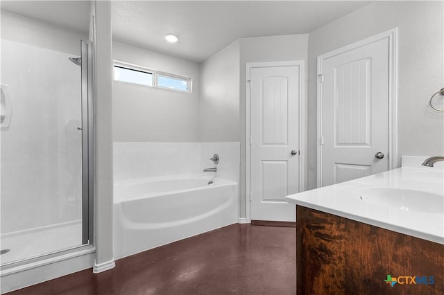 3104 Goblin Dr, Killeen, TX 76549 - full bathroom featuring a bath, a stall shower, concrete flooring, and vanity