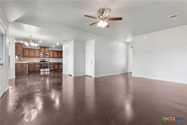 3104 Goblin Dr, Killeen, TX 76549 - unfurnished living room with a chandelier, finished concrete floors, and ceiling fan