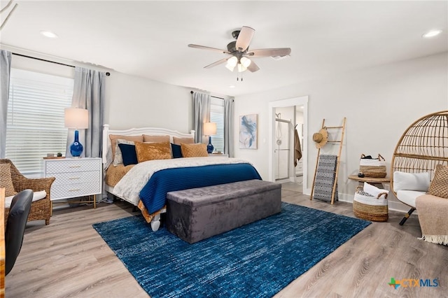 bedroom with recessed lighting, wood finished floors, and ceiling fan