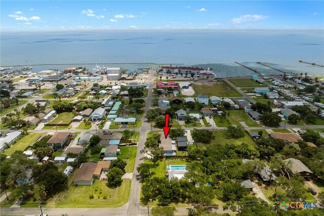 bird's eye view with a water view