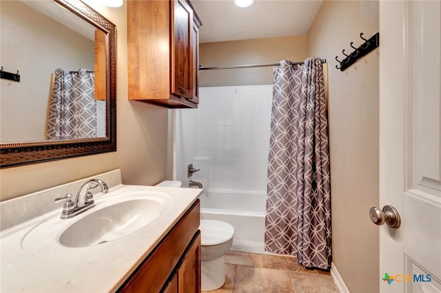 full bathroom featuring vanity, shower / bath combination with curtain, and toilet