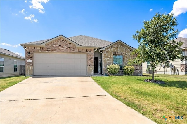 single story home with concrete driveway, a front lawn, stone siding, a shingled roof, and a garage