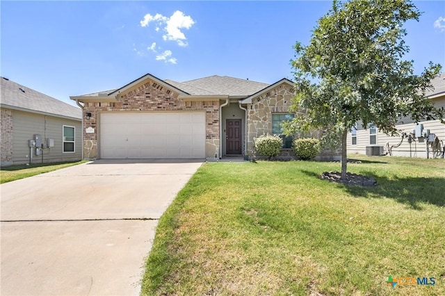 view of front of property featuring driveway, stone siding, an attached garage, cooling unit, and a front yard