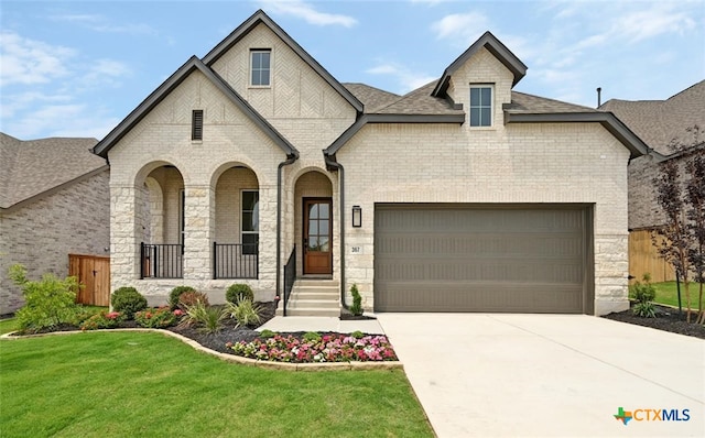 367 Five Mile Creek Way, Kyle, TX 78640 - french country home featuring a garage, a porch, a front lawn, driveway, and a shingled roof