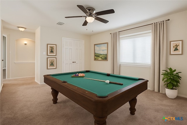 6231 Ambrose Cir, Temple, TX 76502 - playroom with light colored carpet, a ceiling fan, billiards table, and arched walkways