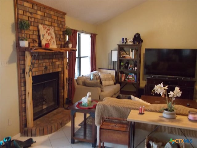 tiled living room with a fireplace and vaulted ceiling