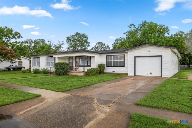 1102 S 5th St, Copperas Cove, TX 76522 - ranch-style home featuring concrete driveway, a front yard, an attached garage, covered porch, and crawl space