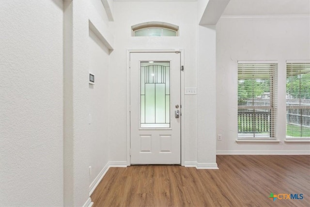 3306 Spring Canyon Rd, Belton, TX 76513 - entrance foyer with baseboards, crown molding, and wood finished floors