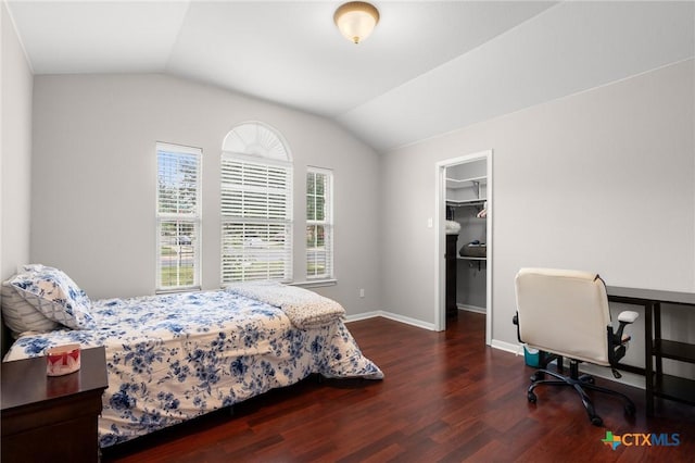 101 Payne Stewart Dr, Round Rock, TX 78664 - bedroom with wood finished floors, vaulted ceiling, a spacious closet, an office area, and a closet