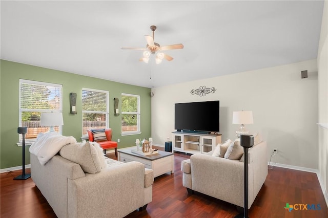 101 Payne Stewart Dr, Round Rock, TX 78664 - living room featuring plenty of natural light, a ceiling fan, and dark wood-type flooring