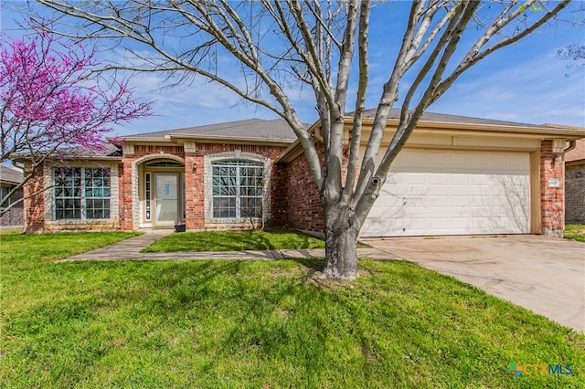 single story home with a front lawn and a garage