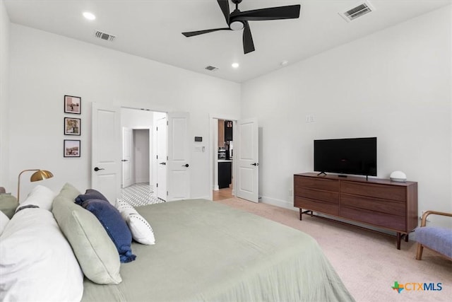 813 Eagle Heights Dr, Salado, TX 76571 - bedroom featuring light colored carpet, recessed lighting, a ceiling fan, and baseboards