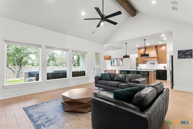 813 Eagle Heights Dr, Salado, TX 76571 - living room with beamed ceiling, high vaulted ceiling, a ceiling fan, baseboards, and light wood-style flooring