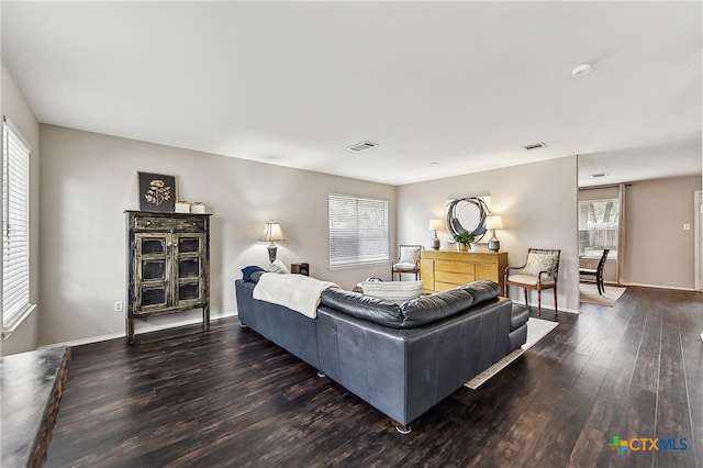 living room with dark hardwood / wood-style floors and a wealth of natural light