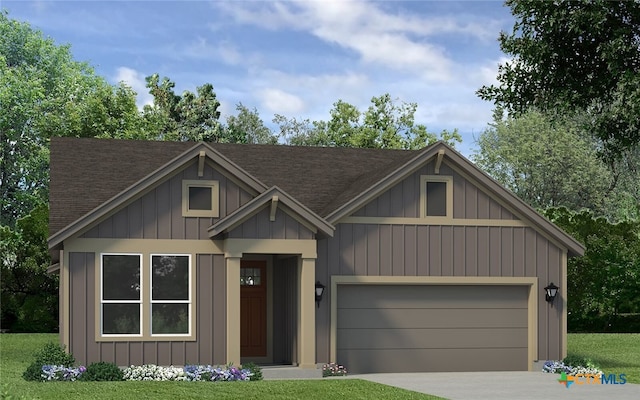 view of front facade featuring an attached garage, driveway, board and batten siding, a front lawn, and roof with shingles