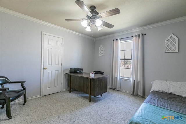 bedroom with crown molding, light colored carpet, and ceiling fan