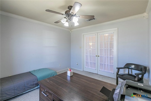 bedroom featuring carpet floors, ornamental molding, access to outside, ceiling fan, and french doors