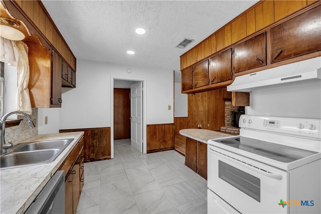 kitchen featuring electric stove, wood walls, a textured ceiling, sink, and stainless steel dishwasher