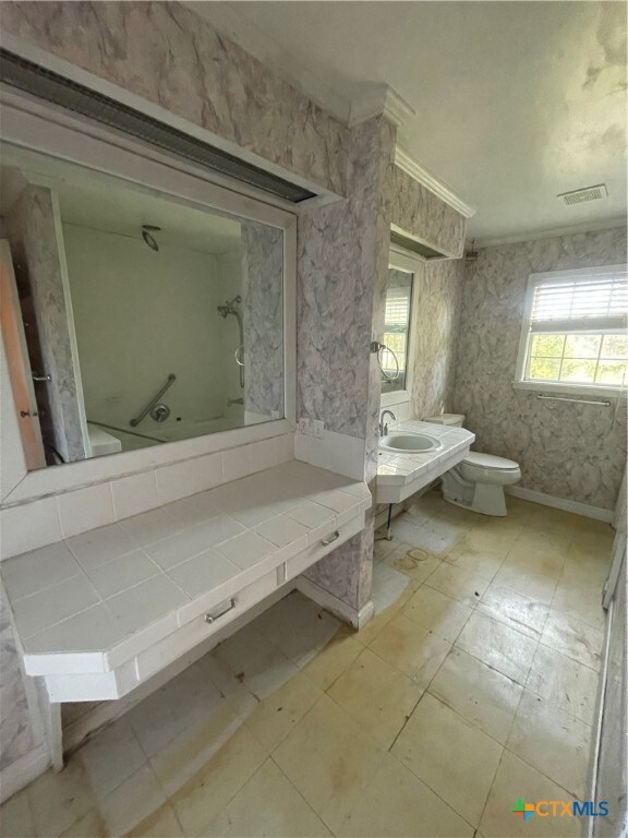 bathroom with ornamental molding, sink, and toilet