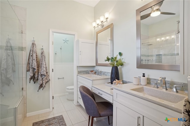 bathroom featuring tile patterned floors, walk in shower, vanity, ceiling fan, and toilet