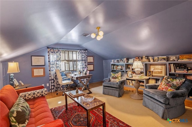 living room with lofted ceiling