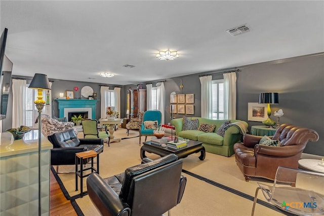 living room with light hardwood / wood-style flooring