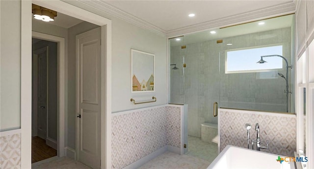 bathroom with plus walk in shower and ornamental molding